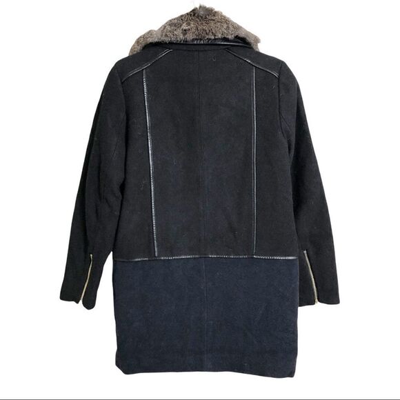 See You Soon Black/Navy Wool Blend Fur Collar Mid-Length Coat New - Picture 2 of 15